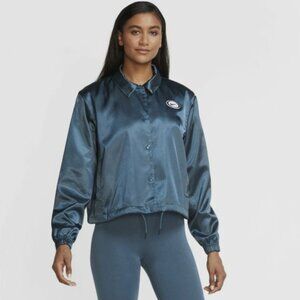 Nike Women's Satin Coach Full‎ Snap Lightweight Cropped Teal Blue Jacket size M
